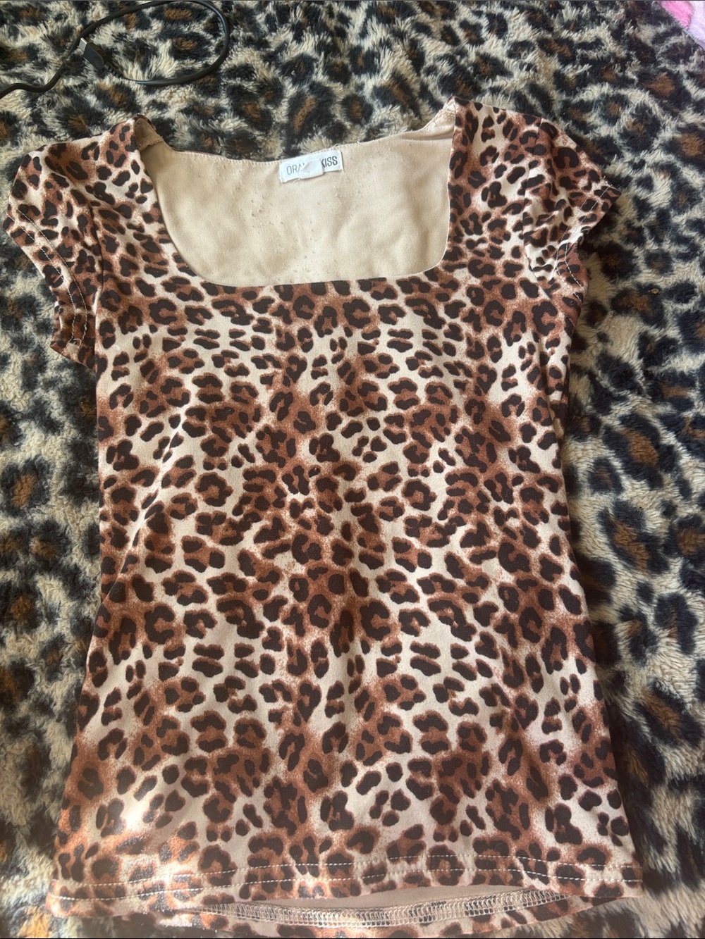 R2 Leopard Print Scoop Neck Top - Brown & Cream